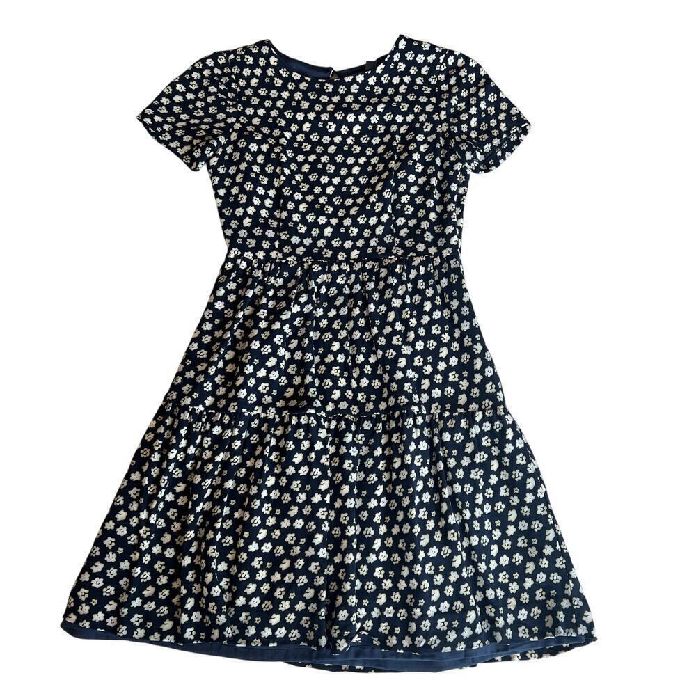 J Crew Size 0 Floral Navy Blue Tiered Dress, Style A1380, Short Sleeve, Midi